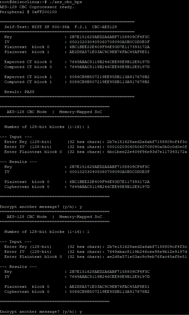 AES-128 CBC NIST PASS terminal output