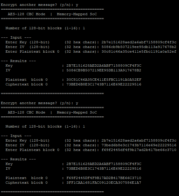 AES-128 CBC chained encryption output